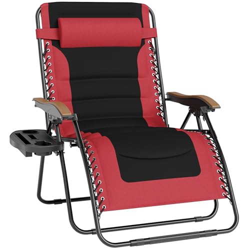 PHI VILLA XXL Oversized Padded Zero Gravity Chair, Foldable Patio Recliner, 30" Wide Seat Anti Gravity Lounger with Cup Holder, Support 400 LBS (Red) - color: Red, style: 1 Pcs