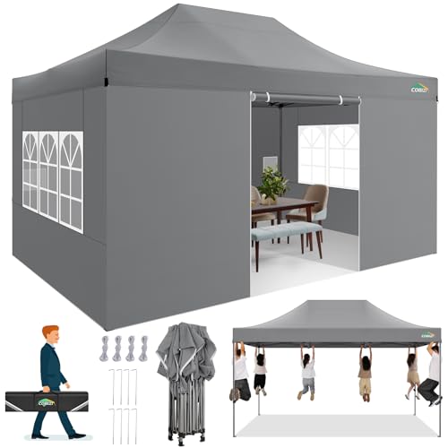 COBIZI 10x15 FT Heavy Duty Pop up Canopy with 4 Removable Sidewalls, Easy up Gazebo High Stability, All Weather Sunshade 100% Waterproof Outdoor Canopy Tents with Carry Bag, Gray - color: Gray, size: 10x15 with 4 sidewalls