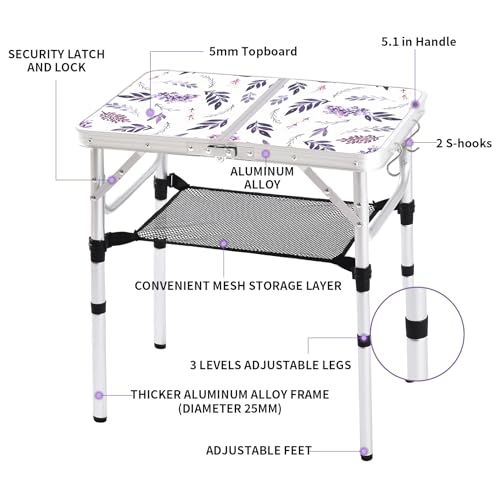 Yriuat Folding Camping Table 2ft Portable Pinic Table Adjustable Height Small Card Table Aluminum Foldable Lightweight with Carry Handle for Outdoor Indoor Hiking Camp BBQ Beach (Misty Lilac) - color: Misty Lilac, size: 24"l X 16"w X 24"h