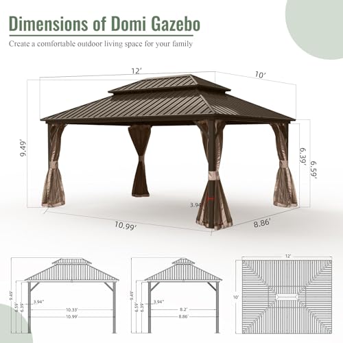 Domi 10' x 12' Hardtop Gazebo, Outdoor Metal Gazebo for Patios with Galvanized Steel Double Roof, Heavy Duty Curtains and Netting Included, Permanent Pergola for Backyard, Garden Lawn, Brown - color: Brown, size: 10'×12' Double Roof