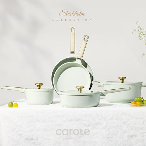 CAROTE Ceramic Cookware Set Nonstick, 14pcs Pots and Pans Set Nonstick, Non-Toxic & PFAS-Free, Dishwasher, RV/Camping Cookware Set, Cooking Pots with Lids, Sage Green - color: Green