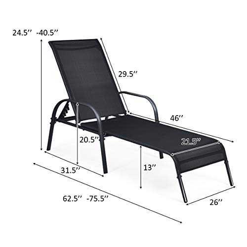 Giantex 2 Pack Patio Lounge Chair, Outdoor Chaise Lounge with 5 Adjustable Backrest, Sturdy Steel Frame, Sunbathing Recliner, Beach Chair, Tanning Chair for Outside, Yard, Balcony, Pool Chairs, Black - color: Black