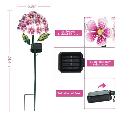 Solar Hydrangea w/26 LED Lights, Metal Ground Stake, 3 Colors - Pink - color: Pink