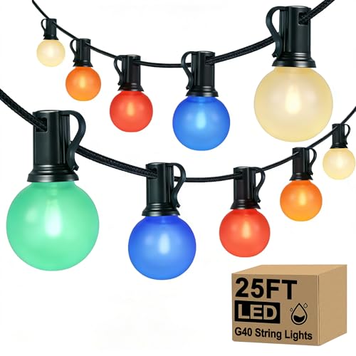 25Ft LED Christmas Outdoor String Lights, G40 Globe Night Lights with 27 0.6W Ceramic Multicolor Bulbs, Vintage Ceramic Lights for Holiday Party Backyard Wedding Garden Patio Porch Decor, Green Wire - color: Baked Multicolor, size: 25Ft