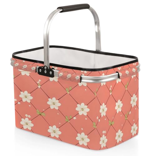 Flower Plaid Picnic Basket Large Collapsible Market Baskets Portable Reuasble Shopping Bags with Handles for Camping Beach Travel - color: Multi a