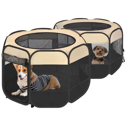 EighteenTek® 2-in-1 Pop Up Cat Playpen, Assembly-Free Dog Puppy Pet Playpen, Indoor Outdoor Cats Enclosed, Cat Tent House Crate Cage, Portable & Foldable Playpen for Kittens(No Divider, Unified Space) - color: Beige, size: M, 71"L x 34" x 24.1"H
