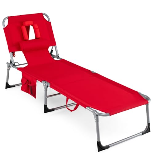 COSTWAY Tanning Chair with Face Hole, Folding Beach Lounge Chair with 4-Position Adjustable Backrest, Pillow & Side Pocket, Foldable Chaise Lounge Chair Outdoor for Sunbathing, Camping (1, Red) - color: Red