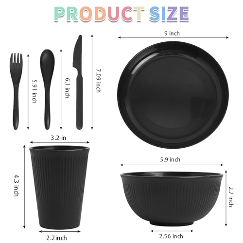 DAPIPIK 36 Pcs Lightweight Black Wheat Straw Dinnerware Set - Unbreakable Dishes for Kitchen & Camping | Microwave Dishwasher Safe - color: Black