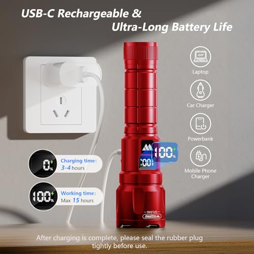WdtPro LED Rechargeable Flashlight 2 Pack, 3 Modes Super Bright High Lumens Flashlights, Zoomable Tactical Flash Light with LCD Display, IP65 Waterproof Flashlights for Home Emergency Camping - Red - color: Red