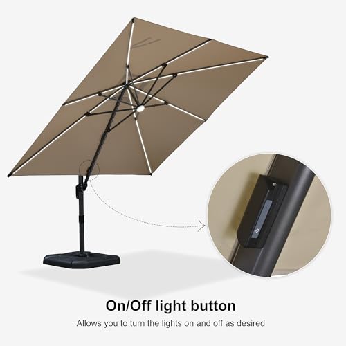 PURPLE LEAF 10 Feet Patio Umbrella Outdoor Cantilever Solar Powered LED Square Umbrella Aluminum Offset Umbrella with 360-degree Rotation for Garden Deck Pool Patio, Beige - color: Beige, size: 10' X 10', style: Standard（LED）