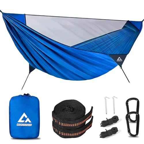 Camping Hammock with Mosquito Net – Portable Parachute Nylon Hammock Tent with Tree Straps, Camp Rope & Stake - for Hiking, Backpacking, Travel, Backyard, Beach – Holds Up to 500lbs (Blue) - color: Blue