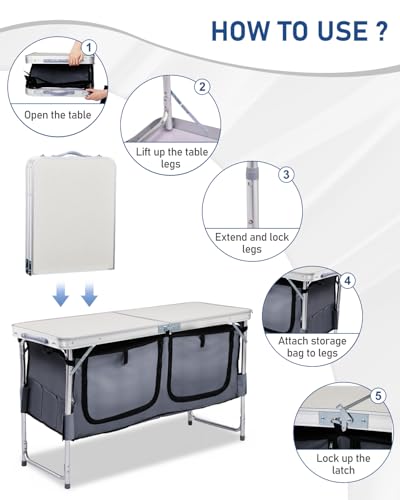 Outvita Folding Table, 4FT Aluminum Camping Table with Large Storage Space and Adjustable Height Picnic Table Lightweight for Carring Outdoor Party Events Beach - color: White, style: With gray storage bag