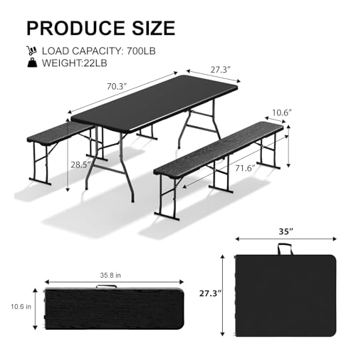 Folding Table Set with 2 Benches, 6 FT Picnic Table and Bench Set, 3- Piece Foldable Camping Tables Sets for Indoor & Outdoor, Portable Plastic Tables Chairs for Party, Wedding, Event, Black - color: Black, size: 2 Folding Bench and 1 Folding Table
