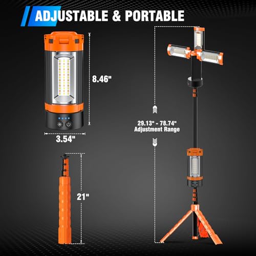 AKOFUN 12000mAh Camping Light with Stand, Rechargeable Work Light, 10000 Lumen Dimmable Cordless Work Light with 3 LED Lamp Heads, Magnetic Emergency Flashlight with 79" Detachable Tripod