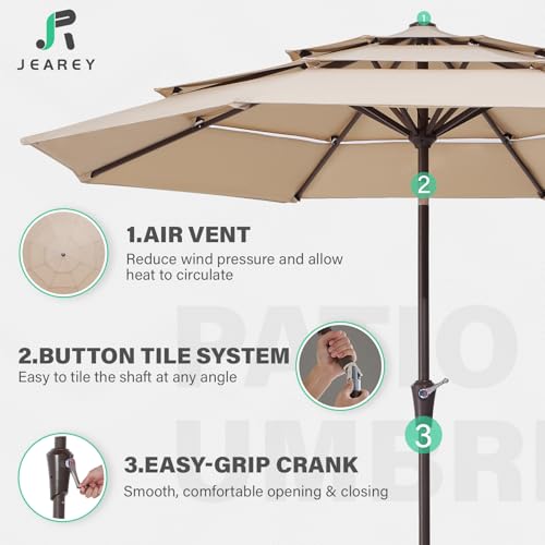 JEAREY 9FT 3 Tier Patio Umbrella Outdoor Market Umbrella Table Umbrellas with 8 Ribs 1.5 Pole Push Button Tilt and Crank UV Protection for Garden,Beige - color: Beige
