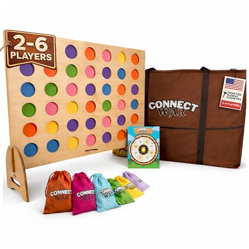 Connect War – Giant Wooden 4-in-a-Row Game for 2–6 Players – Indoor and Outdoor Strategy Game – Family Games for Kids and Adults – USA-Made Wooden Grid