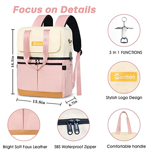 Scothen Backpack Cooler with Double Decker & 12 Ice Packs- Keeps 36 Cans Cold for Up to 24 Hours- Waterproof & Leak Proof Insulated Cooler Backpack- Stylish Cooler Bookbag for Women Travel Work Beach - color: Pink