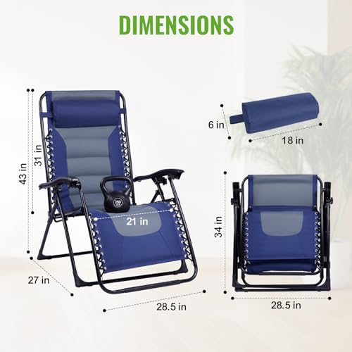 Backyard Expressions Deluxe XL Padded Recliner Zero Gravity Chair – Ergonomic Anti-Gravity Lounger with Folding Design, Side Tray, and Adjustable Headrest - color: Navy/Grey