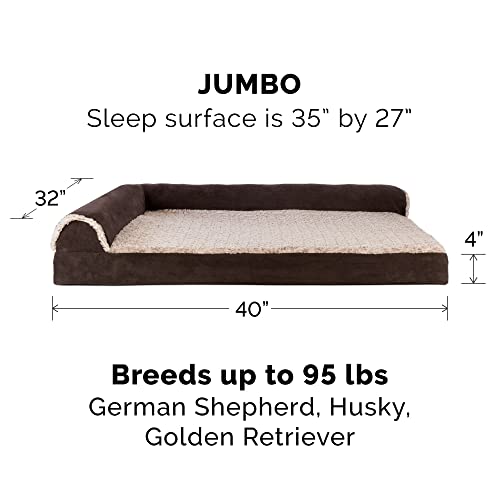 Furhaven Cooling Gel Dog Bed for Large Dogs w/ Removable Bolsters & Washable Cover, For Dogs Up to 95 lbs -Two-Tone Plush Faux Fur & Suede L Shaped Chaise- Espresso, Jumbo/XL, 40.0"L x 32.0"W x 8.0"Th - color: (Two-Tone Faux Fur & Suede) Espresso, size: J
