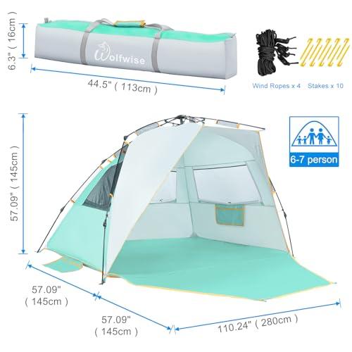 Wolfwise Instant Beach Tent Sun Shelter with Zippered Extendable Porch for Privacy, Portable Beach Tents with Carrying Bag, Easy Setup Pop up Beach Shade for 6-7 Person, 110 x57x57 in, Mint Green - color: Mint Green, size: 6-7 Person