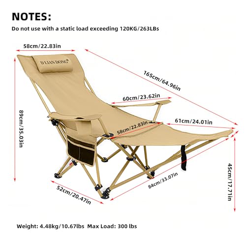 Reclining Camping Chair with Footrest, 4-Position Adjustable Back Folding Lounge Chair for Adult | Heavy-Duty Beach Chairs with Cup Holder & Carry Bag for Beach, Camping, Backyard, Fishing - color: Yellow