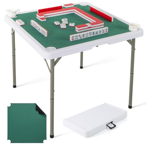 Goplus Mahjong Table, 35" Square Folding Card Table w/4Cup Holders, Anti Slip Mat, HDPE Tabletop, Metal Legs, Portable Mahjong Game Table for Domino Game, Picnic (Table w/Removable Mat, Pure Green) - style: Pure Green, Table w/Removable Mat