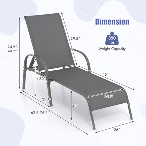 Tangkula Lounge Chair Outdoor, Patio Chaise Lounge with Adjustable Backrest, Reclining Pool Lounge Chair for Outside with Heavy Duty Steel Frame, Suitable for Beach, Yard, Balcony, Poolside - color: Grey