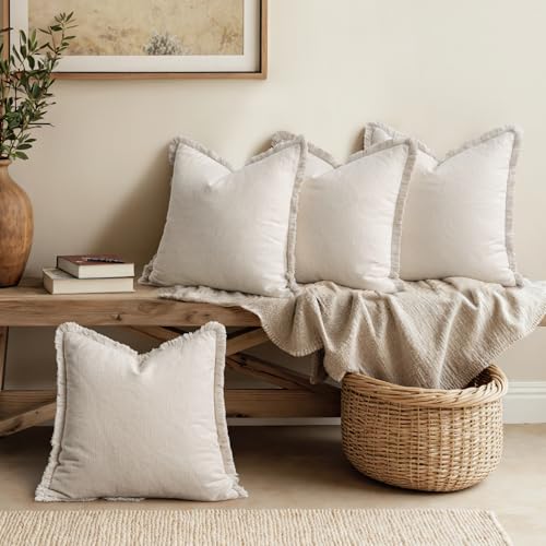 MIULEE Decorative Couch Pillow Covers Neutral Beige Linen Fringe Throw Pillows Set of 4 Boho Farmhouse Cushion Covers Soft Accent Pillowcases for Bed Couch Sofa Living Room Spring Decor 18x18 Inch - color: Neutral Beige, size: 18" x 18" (Pack of 4)