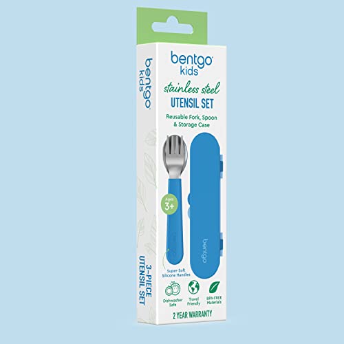 Bentgo Kids Stainless Steel Utensil Set - Reusable Fork, Spoon & Storage Case, PFAS- & BPA-Free, Easy-Grip Handles, Lightweight, Dishwasher Safe, School Lunch, Travel & Outdoors (Blue) - color: Blue