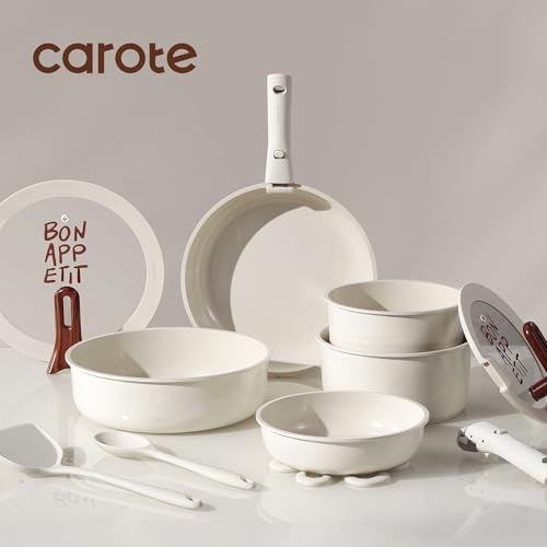 CAROTE 18Pcs Ceramic Cookware Set with Detachable Handle, Pots and Pans Set Non Stick, Non Toxic Kitchen Cooking Sets with Stand-Up Lid, PFAS and PFOA Free, Oven Safe, Induction Ready, Cream White - color: White
