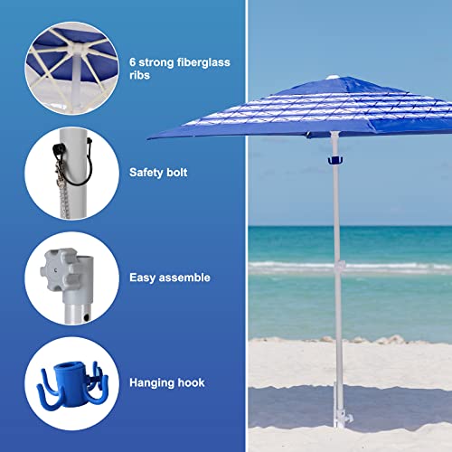 AMMSUN 8ft Large Beach Umbrellas for Sand Heavy Huty Wind Portable Commercial Grade Patio Beach Umbrella with Sand Anchor Adjustable Height Air Vent UPF 50+ Telescoping Pole without tilt Blue White - color: Blue White Stripe