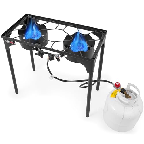 OuterMust 2 Burner Propane Gas Stove with 0-3 PSI Adjustable Regulator and Removable Legs Gas Burners for Cooking Perfect for Home Brewing, Seafood Boil and Camping - size: Dual Burner - Standard