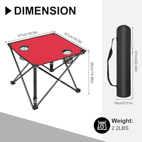 2 Pack Portable Camping Table, Ultralight Picnic Table Foldable with 2 Cup Holders and Carrying Bag for Outdoor Camping Picnic BBQ Beach Party Patio Fishing, Steel Frame, High-Grade 600D Oxford Fabric - color: Red, size: 2 Pack