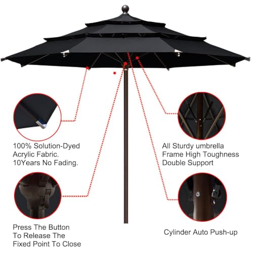 EliteShade USA 10-Year-Non-Fading 11ft 3-Tier Market Patio Umbrella, Commercial Grade Outdoor Table Umbrella with Cylinder Push-Up, Windproof & UPF 50+ UV Protection, Heavy Duty Ventilation for Garden, Deck, Pool, Backyard, Beach & Bistro, Black - color: