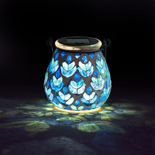 Stargarden Mosaic Solar Lanterns, Table Lamp for Garden ,Patio,Yard Decor Blue Glass Hanging Lantern Waterproof Outdoor Hanging Solar Lights - color: Blue