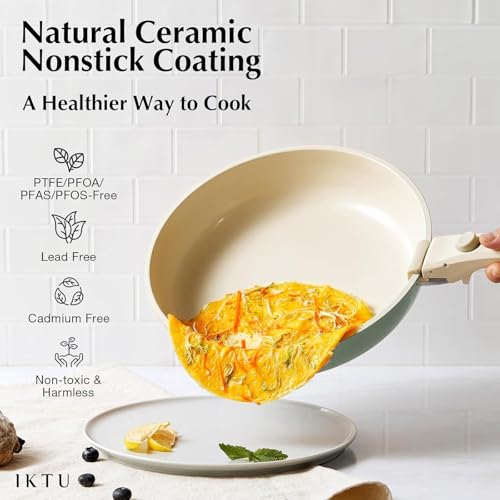 Ceramic Pots and Pans Set Non Stick Green, 8 Pcs Nonstick Cookware Set with Detachable Handle RV Camping Induction Kitchen Cookware Set Non Stick, PFAS PFOA & PTFE Free - color: Sage Green