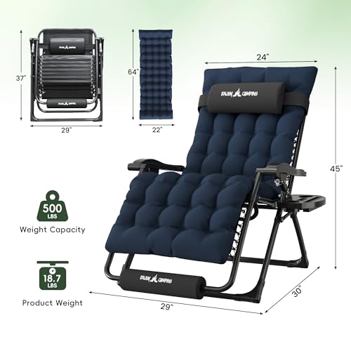 Amopatio Oversized Padded Zero Gravity Chair, XL 29In Reclining Camping Lounge Chair w/Removable Cushion&Headrest, Upgraded Lock and Footrest, Folding Patio Recliner for Indoor Outdoor, Navy - color: Blue XL, size: 29in