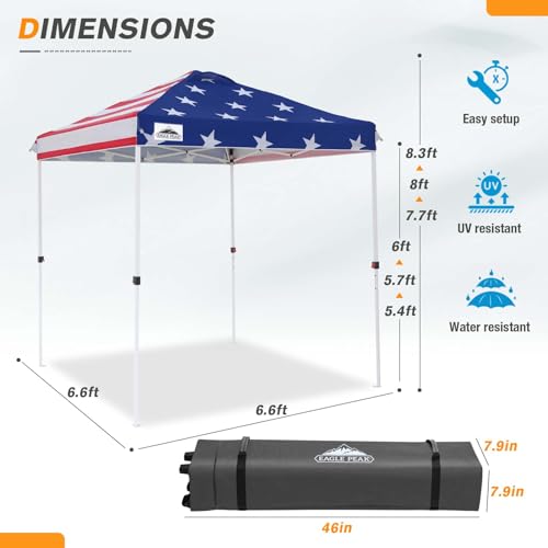 EAGLE PEAK Pop Up Canopy Tent with Wheeled Carry Bag, 8 Stakes, 4 Ropes, Easy Set Up Tent Canopy, 6.6x6.6 ft, American Flag - color: American Flag, size: 6.6x6.6