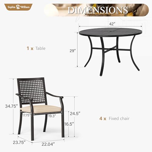 Sophia & William Round Patio Table and Chairs Set, Outdoor Dining Set for 4, 5 Piece Metal Patio Furniture, 42" Black Table(Beehive) - color: Beehive, size: 42" Dia