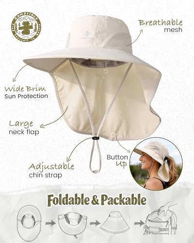 Camptrace Sun Hats for Women Men UPF 50+ UV Protection Wide Brim Hiking Fishing Hat with Neck Flap - color: 01-hot Color Beige