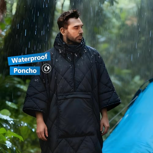 Camping Outdoor Blanket, Ultralight Down Alternative Printed Travel Camp Blankets for Sleeping Packable Waterproof Puffy Quilt for Hammock Picnic Stadium Beach Cold Weather (Black Blanket Poncho) - color: Black Blanket Poncho