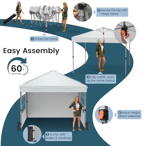 Raynesys Pop Up Canopy Tent with Sidewalls, 10x10ft 10 Person Party Tent One Push Setup, Portable Gazebo Outdoor Sun Shade for Events, Parties, Camping, Commercial, Silver Coated Top, White - color: White