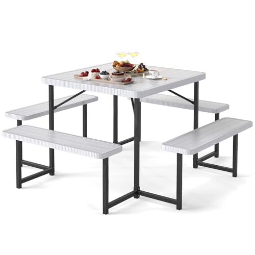 Giantex Picnic Table Bench Set for 4-8 People, 34" Outdoor Square Dining Table & 2 Benches w/Umbrella Hole, HDPE Tabletop, Metal Frame, Patio Camping Furniture for Backyard Porch Lawn (White,Square) - color: White, size: Square-34"x34"x30"