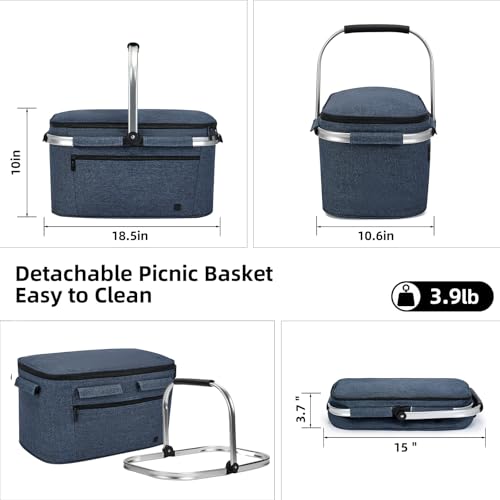 ALLCAMP Picnic Basket - 2 Ice Box Included 32L Insulated Cooler, Thickening Foldable Picnic Basket with Removable Baskets & Sewn-in Frame, Basket for House Warming Gifts New Home(Blue) - color: Blue, size: Large