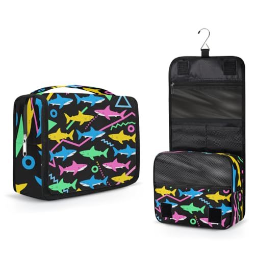 Art Colorful Shark Pattern Kids Toiletry Bag for Boys, Waterproof Travel Shaving Organizer with Hanging Hook, Portable Dopp Kit Cosmetic Bag for School Sports Camping Trips - color: Art Colorful Shark Pattern