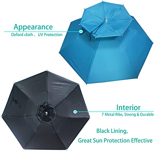 Umbrella Hat, 37 inch Fishing Umbrella Hat Hands Free Foldable UV Protection Umbrella Cap Adjustable Headwear for Fishing Golf Camping Beach Gardening Sunshade Outdoor - color: Sky Blue/Double Layer