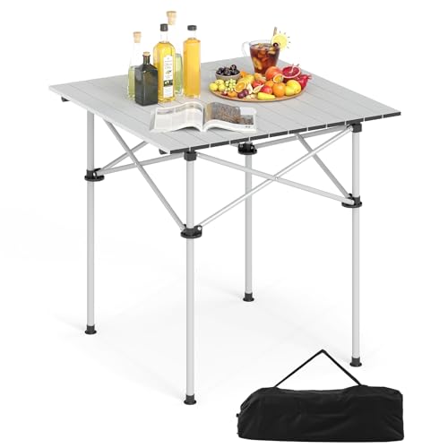 Giantex Folding Roll-up Camping Table, Outdoor Lightweight Aluminium Table for 4, Portable Square Table with Carry Bag for Picnic, Hiking, BBQ, Beach, Tailgating (28"x28"x27.5",Silver) - color: Silver