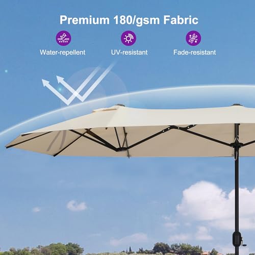 PURPLE LEAF 15ft Patio Market Umbrella with Base Double-Sided Rectangle Outdoor Table Sun Umbrellas with Crank 12 Heavy Duty Sturdy Ribs for Pool Beach Deck Backyard Khaki - color: Beige, size: 15' X 9'