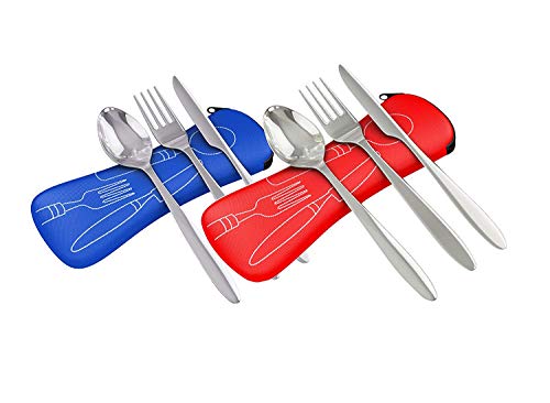 Reusable Travel Utensils with Case | Fork and Spoon Set with Knife and Optional Straws Great Office, Travel, or Camping Accessories | Lightweight, Sturdy Utensils - color: 3pc Set - Blue & Red