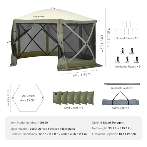 VEVOR 12x12ft Pop Up Gazebo Tent with Mosquito Netting, 6 Removable Wind Panels & 2 Mesh Windows, Outdoor Canopy Shelter for Patio, Army Green - color: Army Green, size: 12x12 ft
